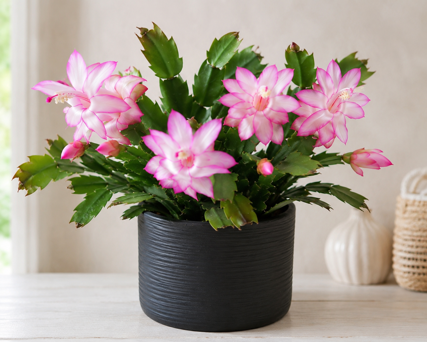 Mijn zelf gekweekte lidcactus met roze-witte bloemen in een zwarte pot